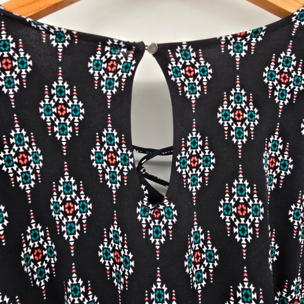 Market & Spruce Womens Black Geometric Tribal Lace Up Romper Small 3/4 Sleeve - Picture 7 of 12